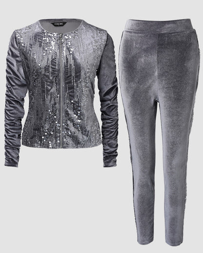 2 Pieces Outfit Contrast Sequin Ruched Long Sleeve Zip Up Coat and Elastic Waist Pants Set Casual Slim Fit Velvet Tracksuit