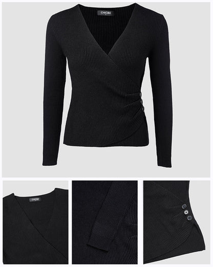 Overlap V-Neck Ruched Side Button Decor Knit Sweater Slim Fit Ribbed Pullover Top
