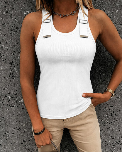 CHICMELIVE Women's Buckle Decor Ribbed Tank Tops Cami Shirts