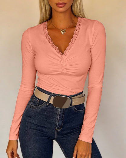 CHICMELIVE Women Lace Long Sleeve Top V Neck Fitted Shirts Fall Blouses