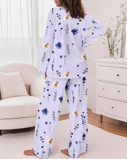 2 Pieces Outfit Floral Print Long Sleeve Drop Shoulder Top and Elastic Waist Pants Sets Casual Pajamas Set