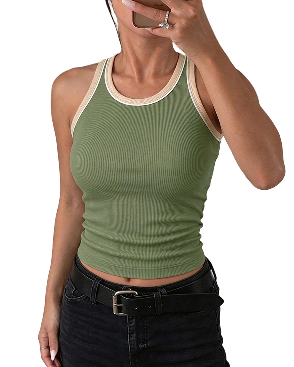 CHICMELIVE Womens Tank Tops Contrast Trim High Neck Ribbed Racerback Shirt