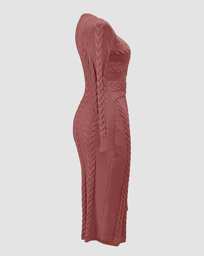 Cable Textured Overlap Deep V-Neck Long Sleeve Mid-Length Dress Tie Waist Slim Fit Knit Dress