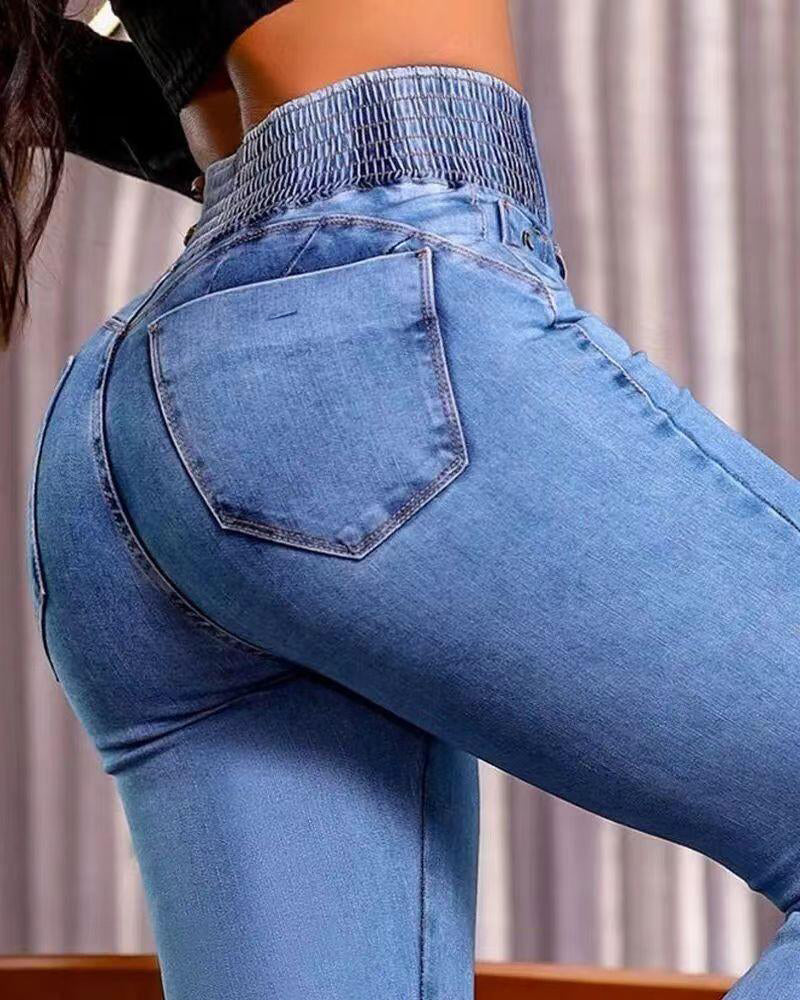 ChicMe CurveEase Back Shirred Button Front High Waist Jeans Skinny Flared Denim Jeggings