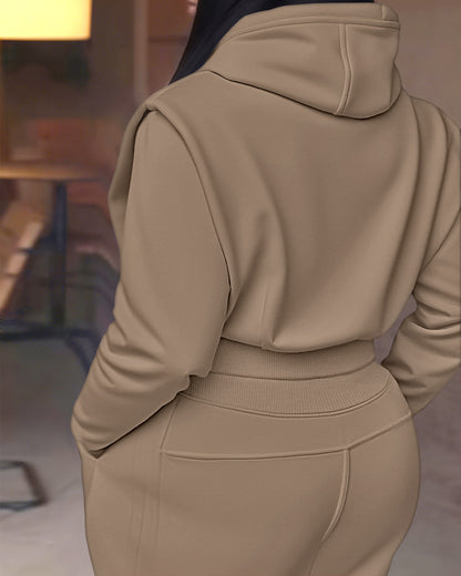 2-teiliges Outfit, langärmliges, kurzes Kapuzenpullover-Sweatshirt mit Kordelzug, Bündchen mit Daumenlöchern und lässigem Jogginghosen-Set mit Kordelzug und elastischer Taille mit weitem Bein 