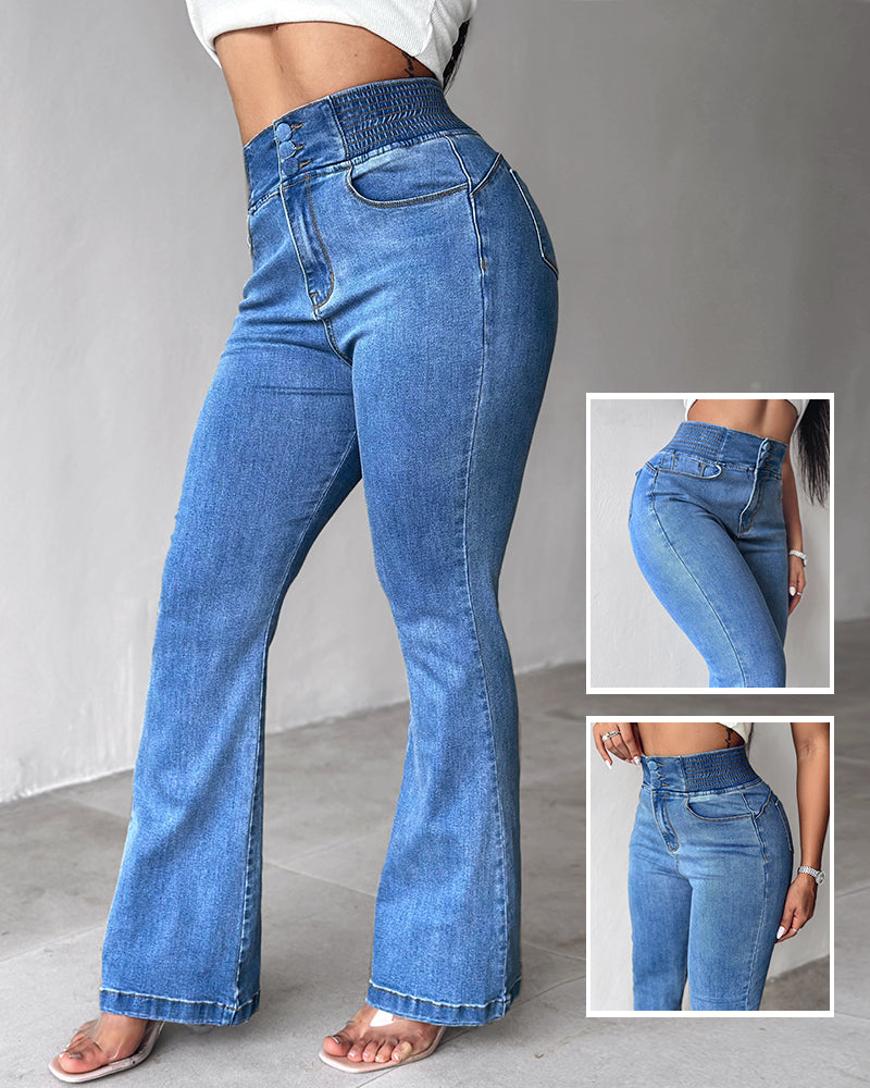 ChicMe CurveEase Back Shirred Button Front High Waist Jeans Skinny Flared Denim Jeggings