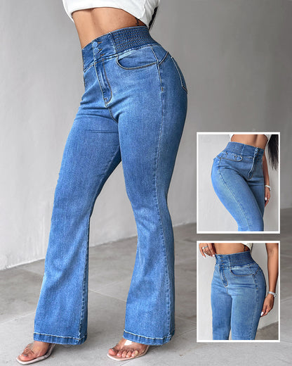 ChicMe CurveEase Back Shirred Button Front High Waist Jeans Skinny Flared Denim Jeggings