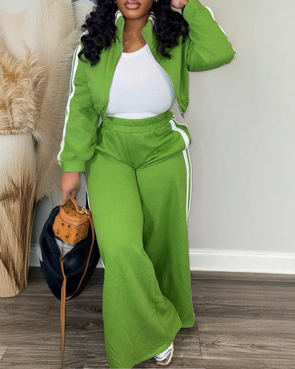 2 Pieces Outfit Stand Collar Zip Up Stretchy Hem Crop Coat and Elastic Waist Wide Leg Pants Set Casual Contrast Side Striped Set