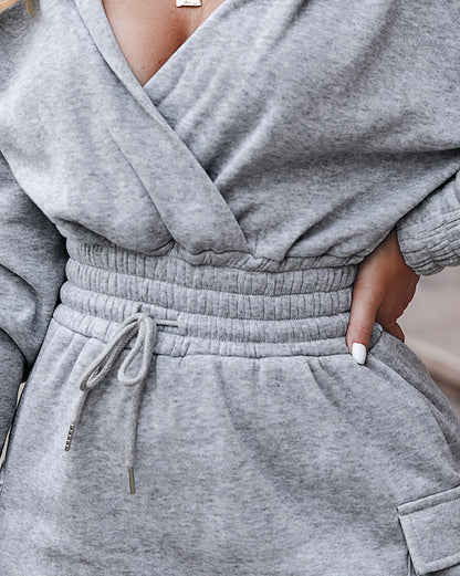 Overlap V-Neck Drop Shoulder Cinched Waist Drawstring Hoodie Dress Casual Flap Cargo Pockets Design Drawstring Elastic Waist Midi Dress