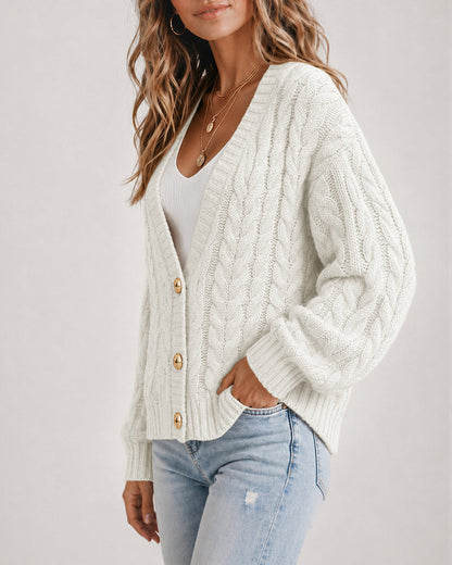 Women's Cable Knit Cardigan V Neck Button Down Chunky Knit Sweater Loose Lantern Sleeve Warm Outerwear
