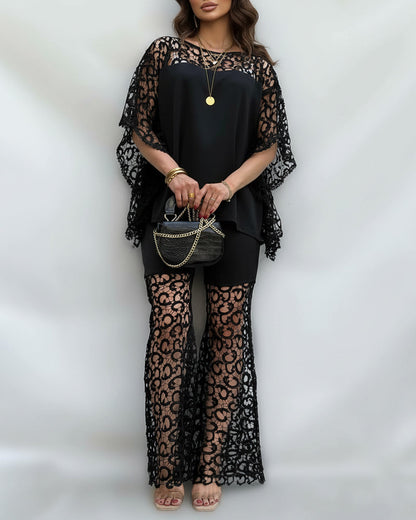 2 Pieces Outfit Batwing Sleeve Hollow-out Back Top and Elastic Waist Flared Pants Set Casual Hollow-out Lace Spliced Set