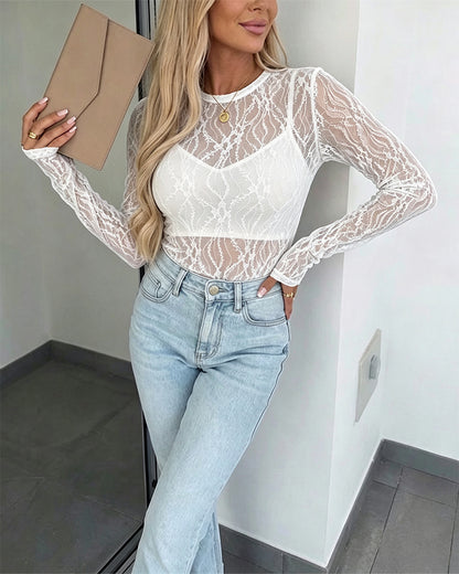 CHICMELIVE Lace Top Sheer Mesh Fitted Shirts for Women with Thumb Holes