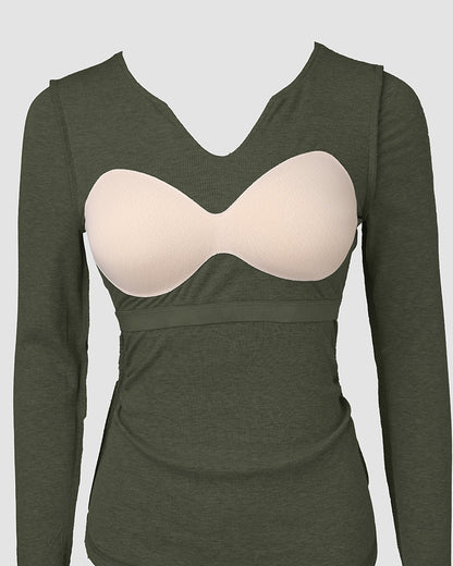 ChicMe Built-in Bra Notch Neck Long Sleeve Shirts Rib-Knit Ruched Waist Top