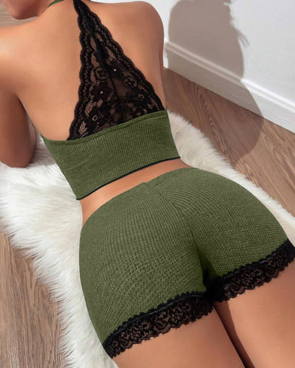 2 Pieces Colorblock Halter Contrast Lace Backless Tank Top & Waffle Knit Casual Shorts Sets