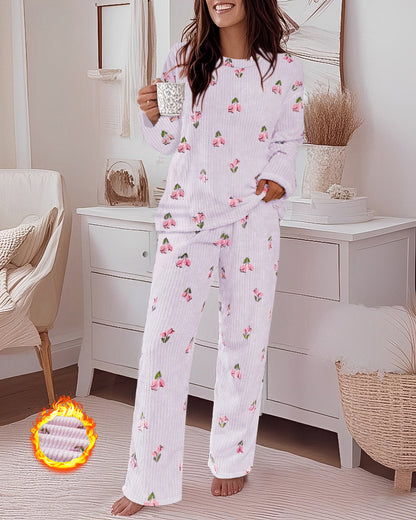 2 Pieces Outfit Floral Print Round Neck Drop Shoulder Top and Elastic Waist Pants Set Casual Ribbed Flannel Pajamas Set