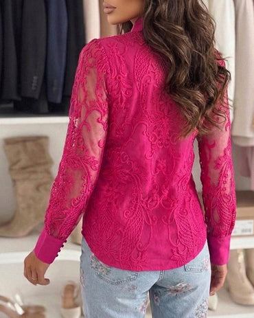 Women's Elegant Mesh Patchwork Shirt Floral Embroidery Stand Collar Pearl Button Long Sleeve Blouse