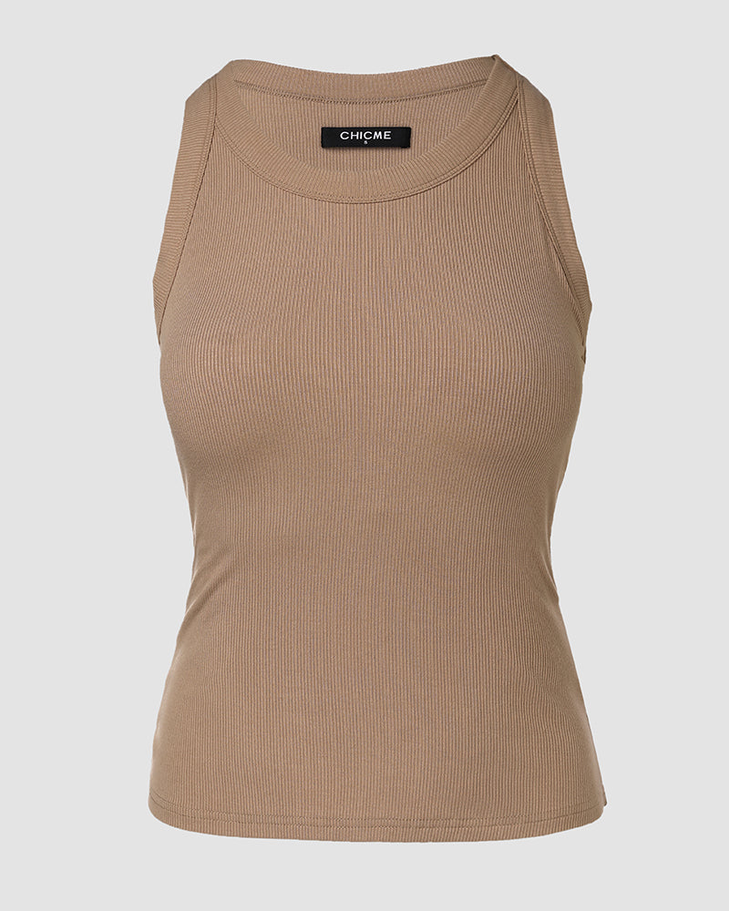 ChicMeLive Built-in Bra Ribbed Round Neck Tank Top