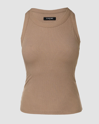 ChicMeLive Built-in Bra Ribbed Round Neck Tank Top