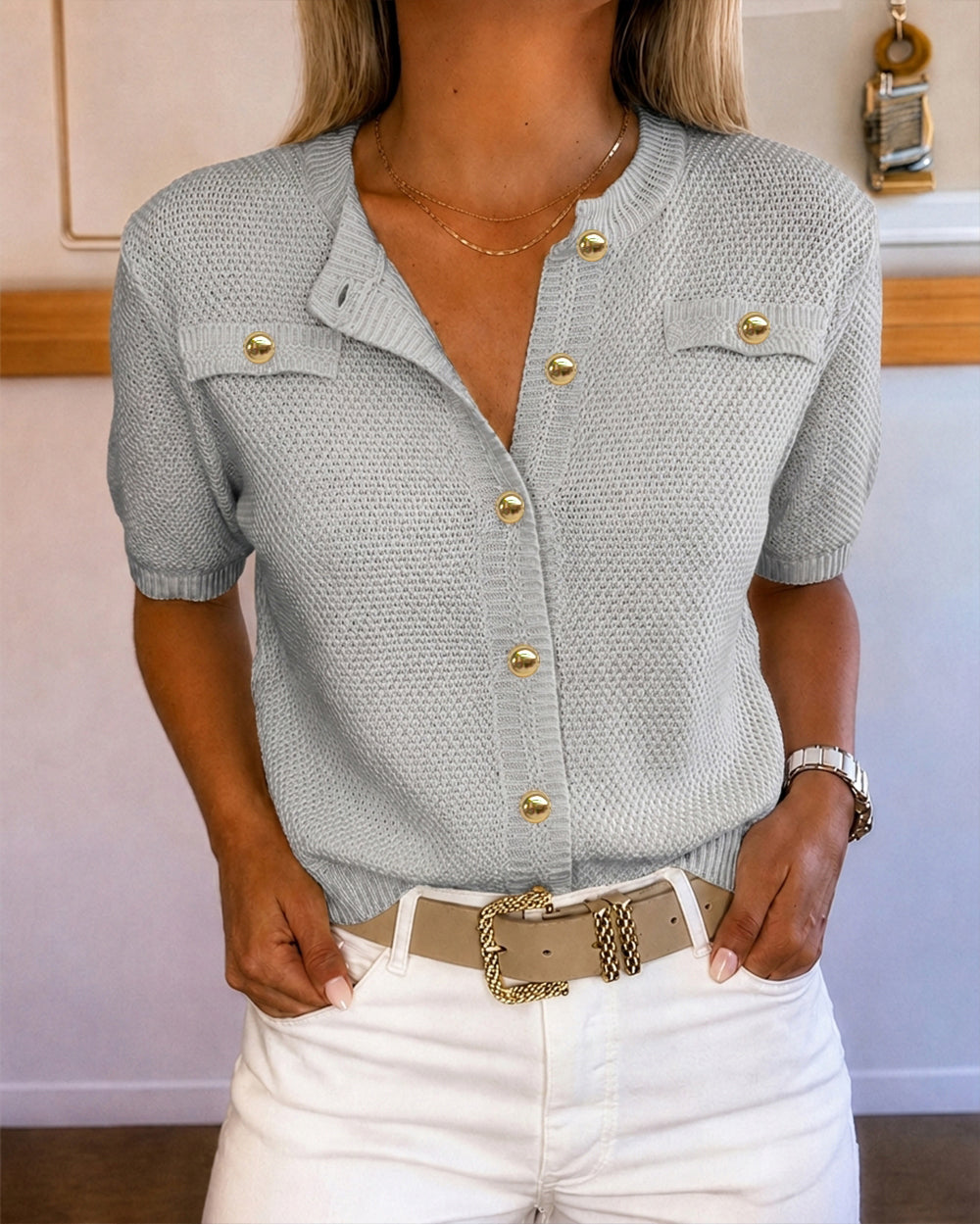 Women's Hollow Out Knit Cardigan Short Sleeve Gold Button Sweater Casual Loose Knitwear Top