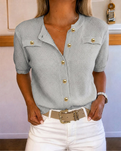 Women's Hollow Out Knit Cardigan Short Sleeve Gold Button Sweater Casual Loose Knitwear Top