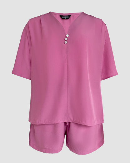 2 Pieces V Neck Button Decor Bell Sleeve Top and Casual Drawstring Stechy Waist Shorts Set