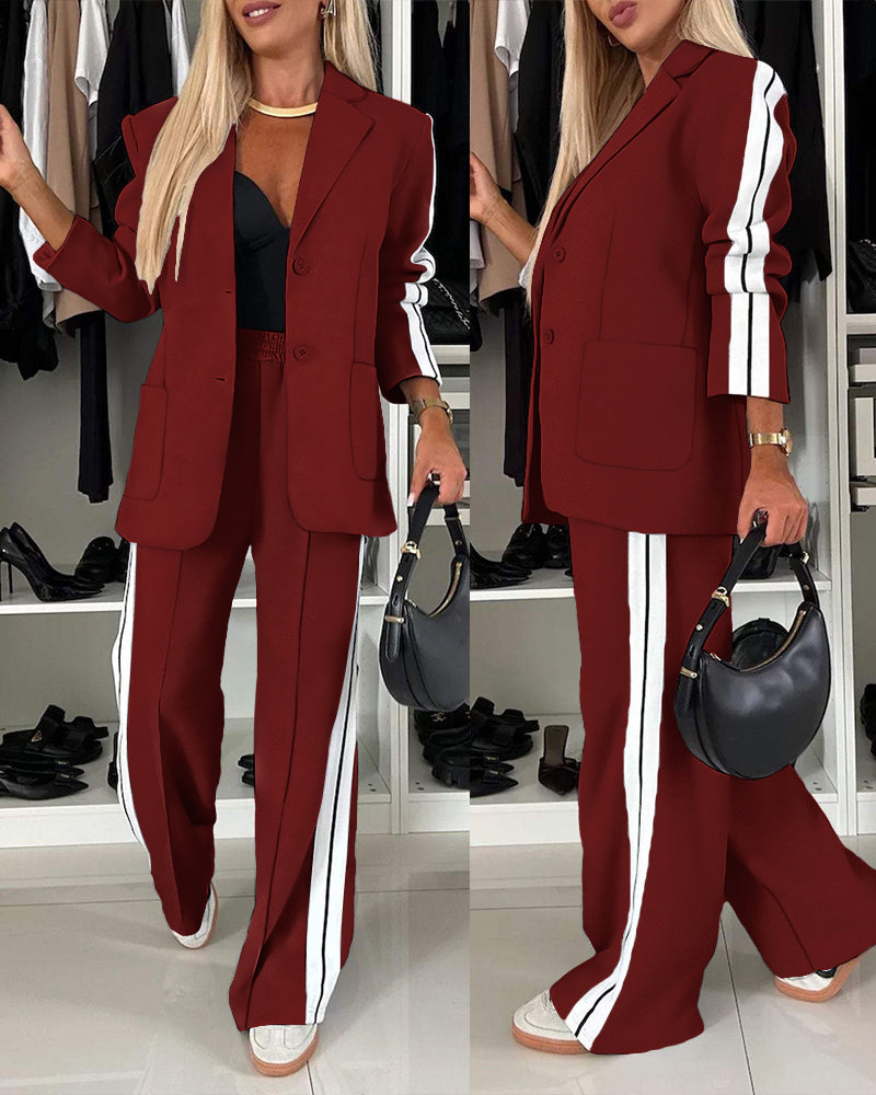 2 Pieces Outfit Notched Collar Single Breasted Pockets Design Coat and Elastic Waist Seam Front Wide Leg Pants Set Casual Contrast Side Striped Blazer Set
