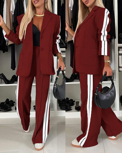 2 Pieces Outfit Notched Collar Single Breasted Pockets Design Coat and Elastic Waist Seam Front Wide Leg Pants Set Casual Contrast Side Striped Blazer Set