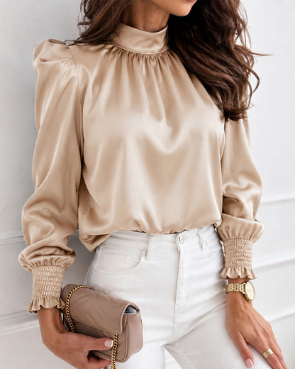 Women's Satin Blouse Mock Neck Puff Sleeve Shirt Back Tie Bow Elegant Ruched Shirt Shirred Frill Cuff Work Top