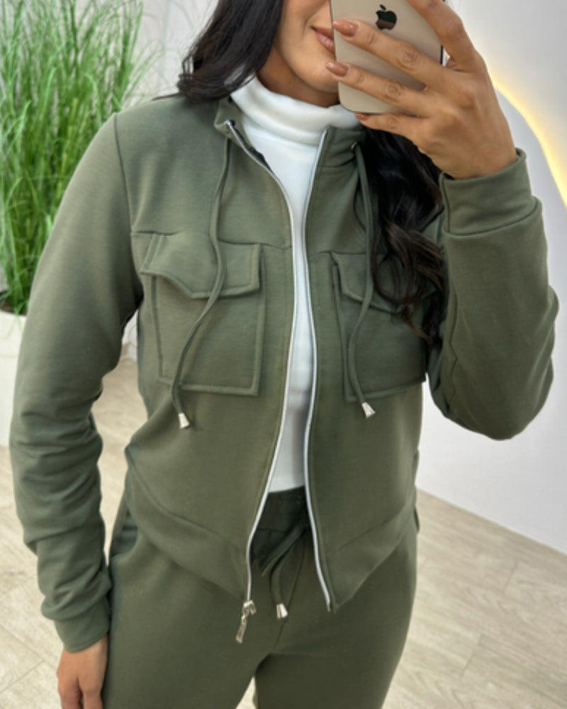 Stand Collar Long Sleeve Pocket Dec Zipper Top and Casual Elastic Waist Drawstring Pants Sets