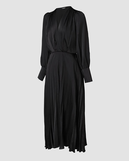 Elegant Women's Puff Long Sleeve V-neck Pleated Maxi Dress Dinner Dress (Without Belt)
