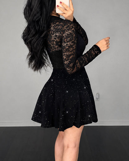 Women's Lace Patchwork Long Sleeve A Line Dress Glitter Hollow-out Mini Party Dress with Detachable Clear Straps