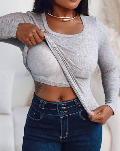 Built In Bra U Neck Tee High Stretchy Knit T-Shirt Long Sleeve Top