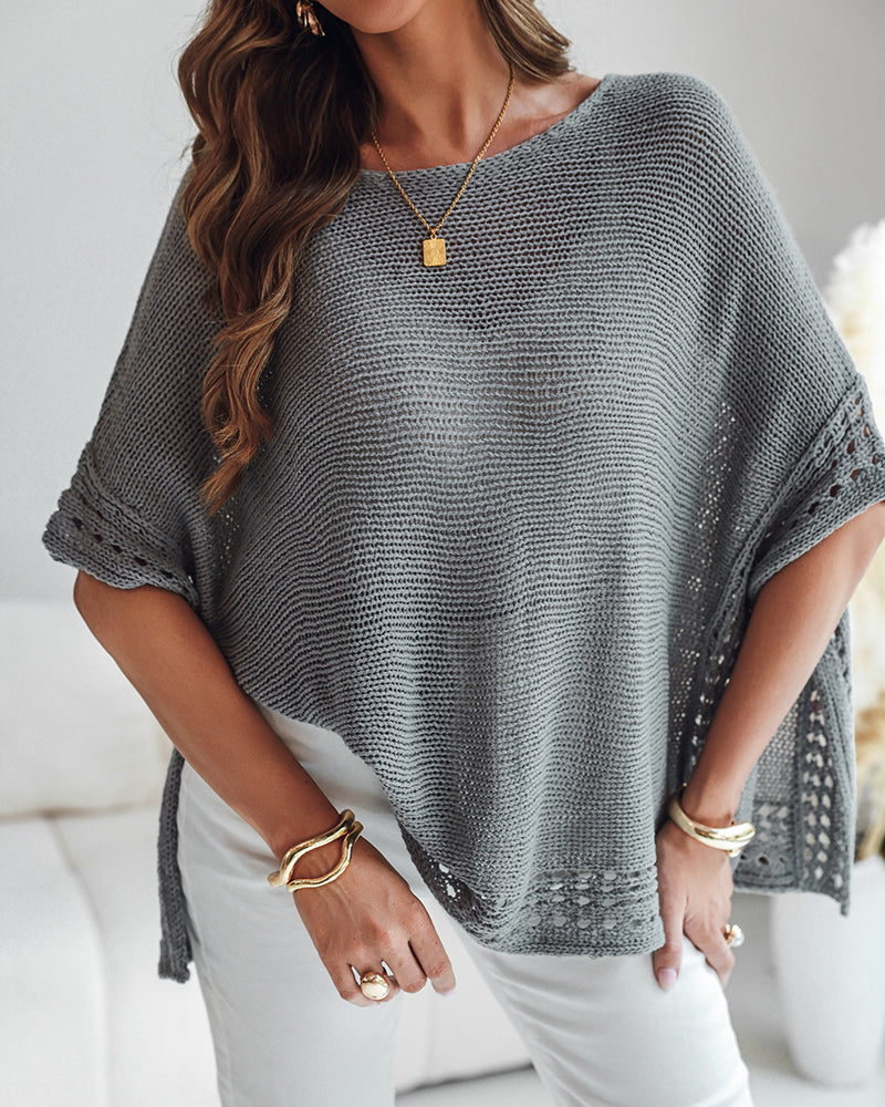 Solid Batwing Sleeve Hollow-out Crochet Pattern Top Casual Cover Up