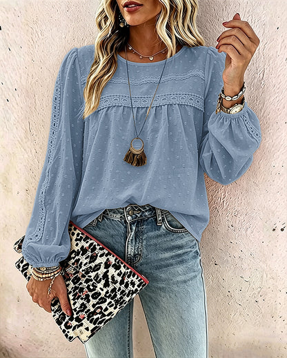 Women's Hollow-Out Lace Spliced Lantern Sleeve Top Elegant 3D Jacquard Chiffon Blouse for Work and Daily Wear