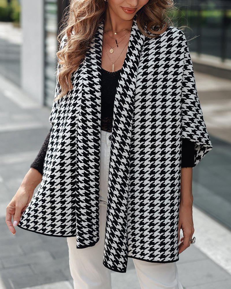 Houndstooth Print Versatile Loose Fit Sweater Coat Casual Warm Cape Shawl