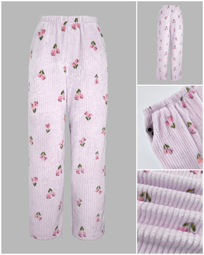 2 Pieces Outfit Floral Print Round Neck Drop Shoulder Top and Elastic Waist Pants Set Casual Ribbed Flannel Pajamas Set