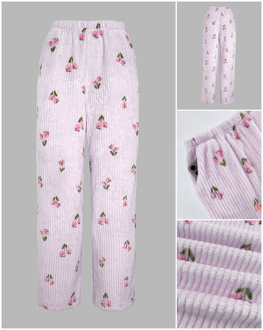 2 Pieces Outfit Floral Print Round Neck Drop Shoulder Top and Elastic Waist Pants Set Casual Ribbed Flannel Pajamas Set