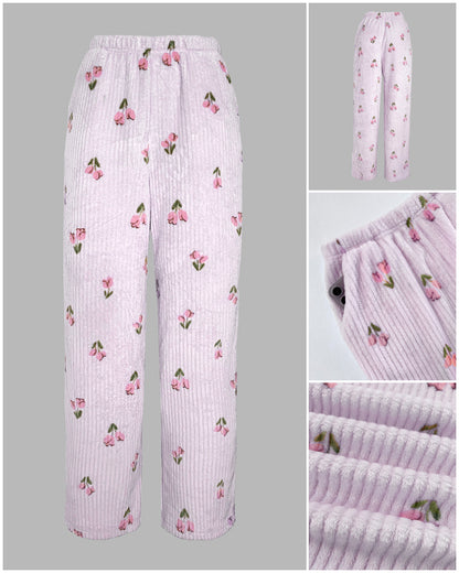 2 Pieces Outfit Floral Print Round Neck Drop Shoulder Top and Elastic Waist Pants Set Casual Ribbed Flannel Pajamas Set