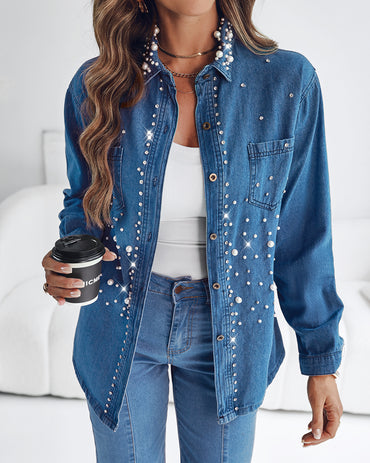 Pearls & Rhinestone Decor Turn-down Collar Button Front Denim Shirt Coat Casual Top