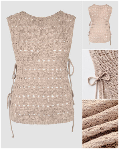 Round Neck Sleeveless Hollow-out Crochet Sweater Casual Tie Side Breathable Crop Top