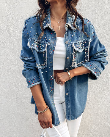 Colorful Rhinestone &  Pearls Decor Turn-down Collar Long Sleeve Jacket Casual Front Button Raw Hem Denim Coat with Pockets