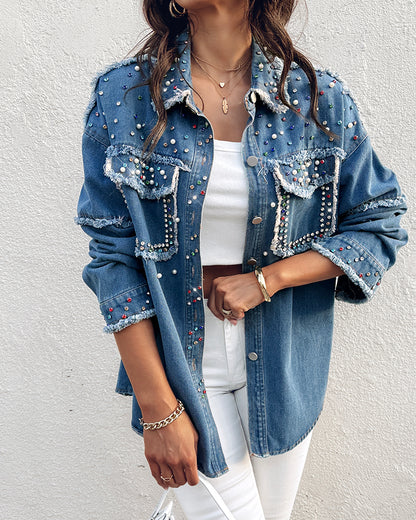 Colorful Rhinestone &  Pearls Decor Turn-down Collar Long Sleeve Jacket Casual Front Button Raw Hem Denim Coat with Pockets