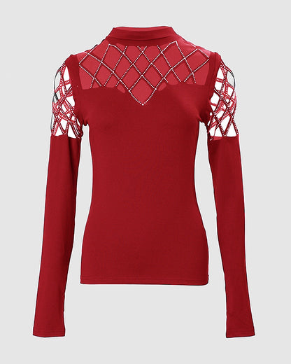 Rhinestone Hollow Out Cold Shoulder Long Sleeve Top Casual Tee