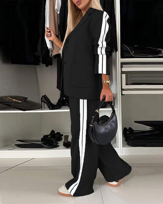 2 Pieces Outfit Notched Collar Single Breasted Pockets Design Coat and Elastic Waist Seam Front Wide Leg Pants Set Casual Contrast Side Striped Blazer Set