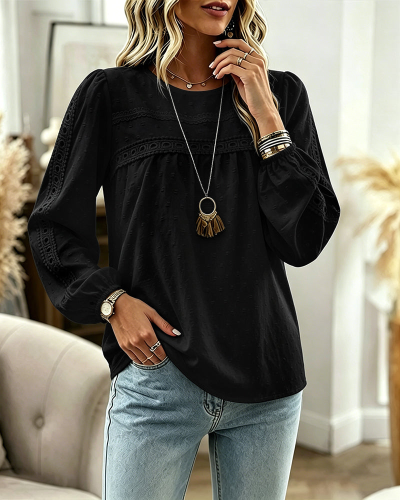 Women's Hollow-Out Lace Spliced Lantern Sleeve Top Elegant 3D Jacquard Chiffon Blouse for Work and Daily Wear