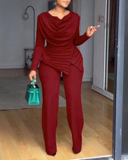 Cowl Neck Asymmetrical Textured Patchwork Cinched Waist Jumpsuit Casual Zipper Back Wide Leg Jumpsuit