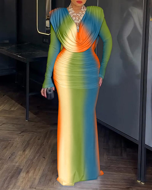 Tie Dye Print Cowl Neck Long Sleeve Backless Maxi Dress Slim Fit Zipper Back Ruched Mermaid Hem Evening Dress