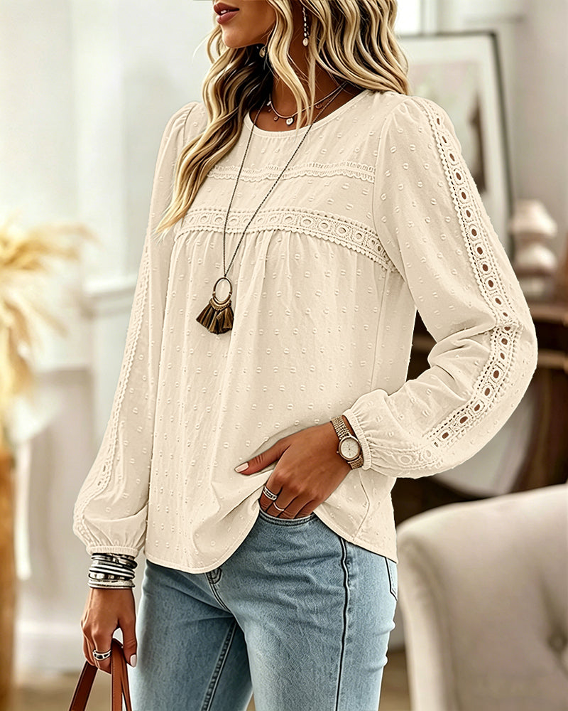 Women's Hollow-Out Lace Spliced Lantern Sleeve Top Elegant 3D Jacquard Chiffon Blouse for Work and Daily Wear