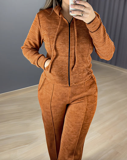 2 Pieces Outfit Long Sleeve Zip Up Drawstring Hoodie Coat and Casual Elastic Waist Seam Front Wide Leg Pants Set