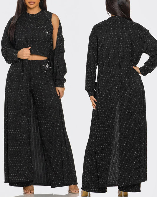 3 Pieces Outfits Cozy Comfort Glitter Long Sleeve Longline Coat and Cropped Ribbed Knit Tank Wide Leg Pants Set